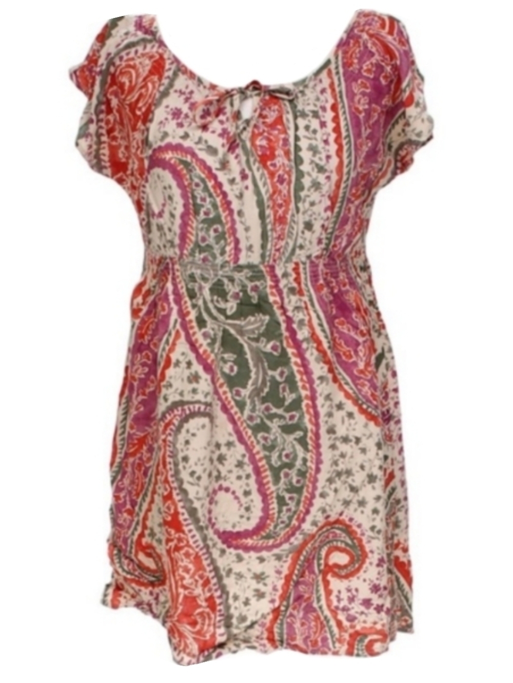 Vintage Floral Paisley Dress Tan Red Green Retro Hippie Tie Front Knee Length